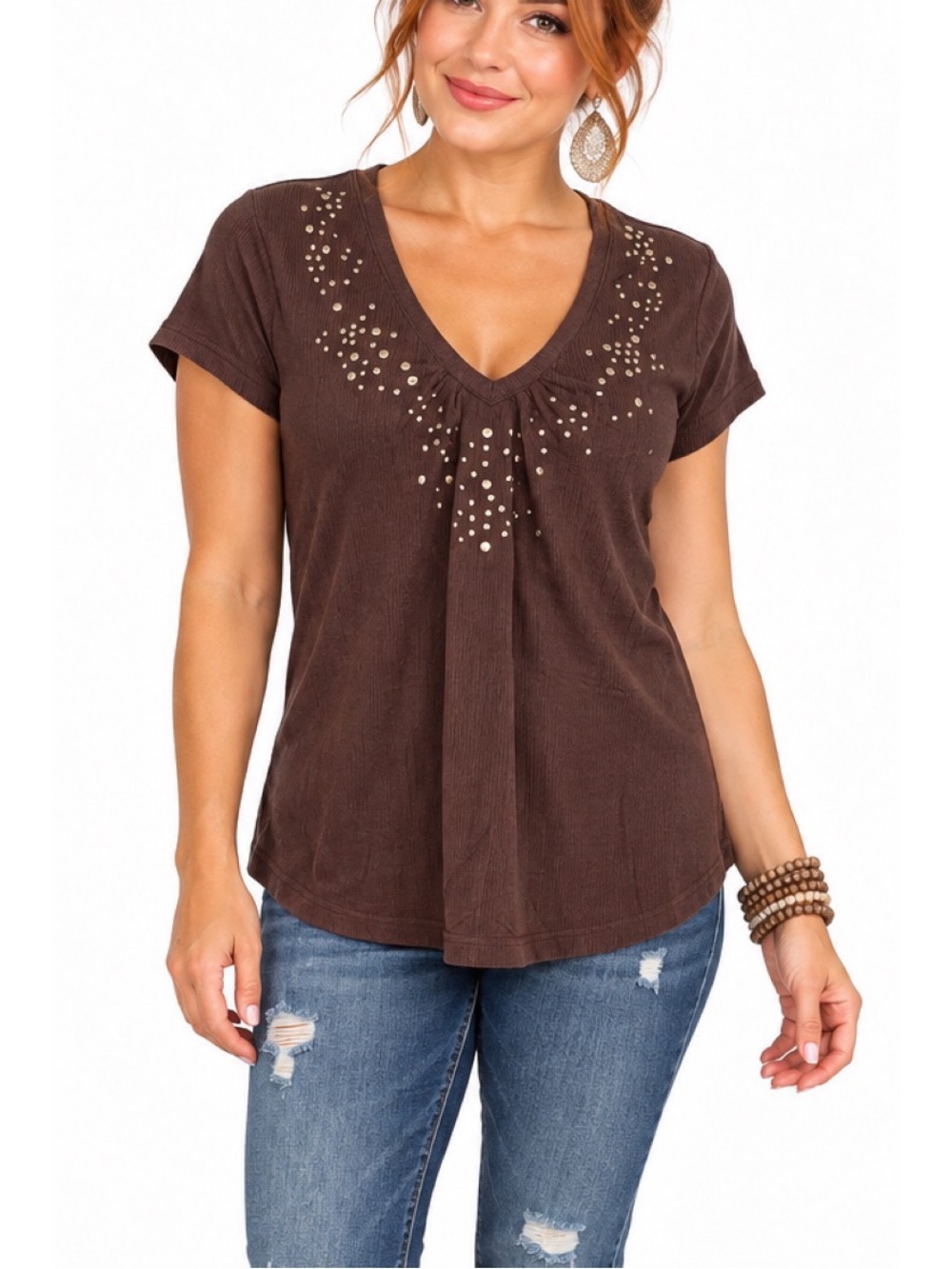 Moda International Chocolate Brown Embellished V-Neck Top- Large